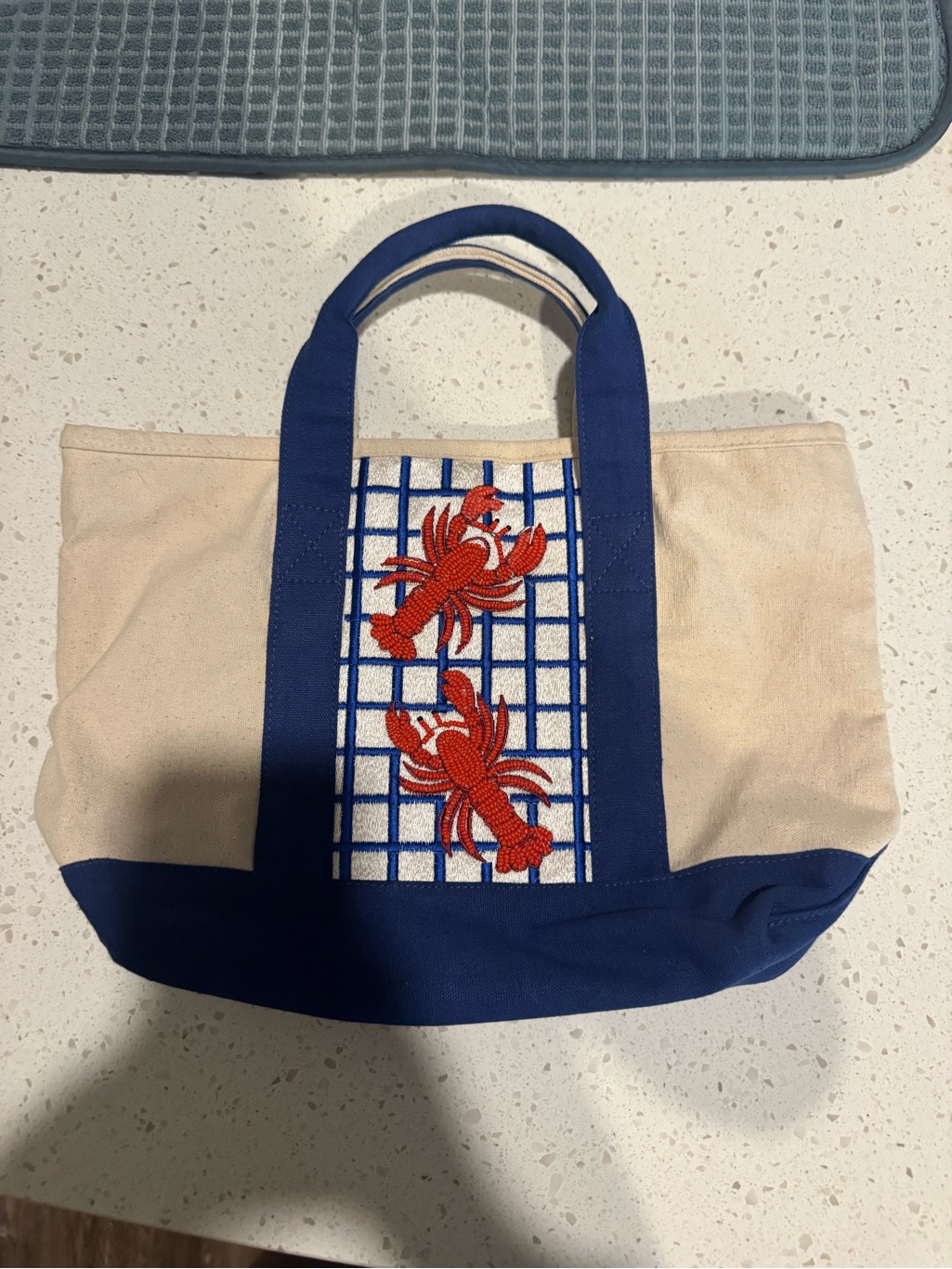 Canvas Tote Bag With Blue Trim And Red Lobster Embroidery